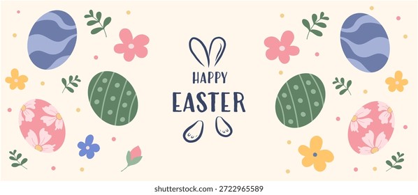 Tarjeta de felicitación Horizontal para Pascua con tipografía de orejas de conejo, huevos decorados y flores de primavera. Fondo festivo moderno en colores pastel para Anuncios, cabeceras y promociones de vacaciones.