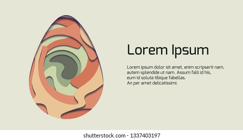 Horizontal greeting card with egg carving of paper with paint whirlpool and shadow.  Place for text. Vector card for banner and your design.