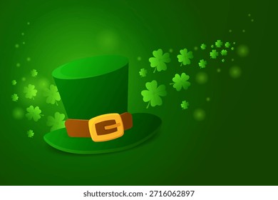 Tarjeta de felicitación Horizontal con fondo verde con un sombrero irlandés clásico y tréboles voladores de cuatro hojas. Limpie la composición festiva con espacio de copia abierto para texto, mensajes o marca personalizados.