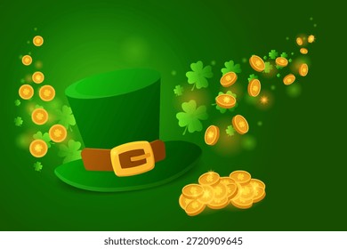 Tarjeta de felicitación Horizontal con fondo verde con un sombrero irlandés clásico Monedas de tréboles de cuatro hojas voladoras. Limpiar composición festiva Copiar espacio para texto personalizado, mensajes, marca. Concepto de riqueza 