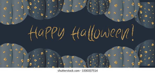 horizontal greeting card for halloween. Golden pumpkins on a dark background.