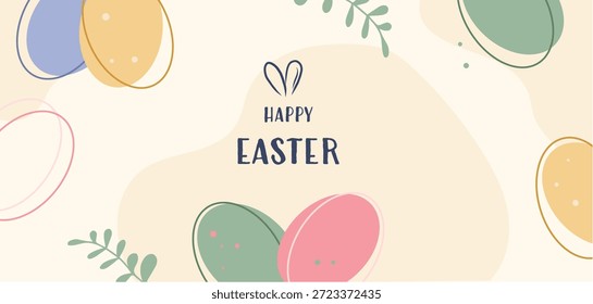 Tarjeta de felicitación Horizontal con letras de Pascua feliz, ícono de orejas de conejo y huevos pastel estilizados. Diseño minimalista moderno para Anuncios de primavera, cabeceras y tarjetas de felicitación.
