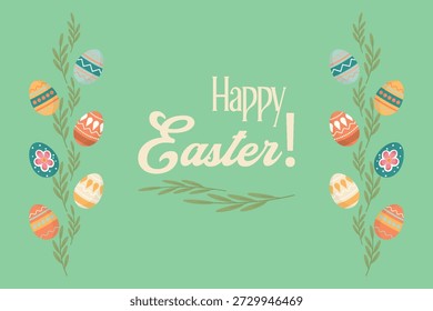 Horizontal greeting card Soft green background Decorative ornaments of leafy branches Easter eggs along sides Text Happy Easter Perfect for spring greetings, invitations, banners, festive designs