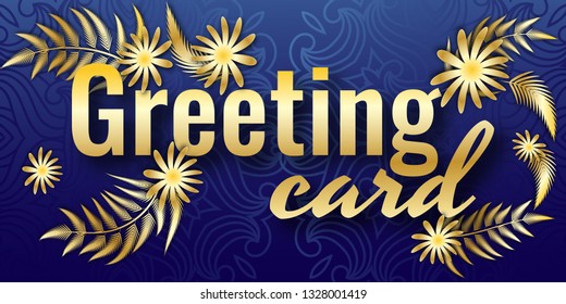 Horizontal Greeting Card Template. Congratulation or invitation.  Decorated with gold flowers and leaves and mandala. 