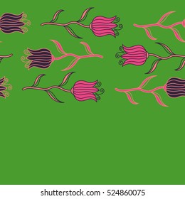 Horizontal greeting card with violet, green and pink tulips, watercolor, can be used as invitation card for wedding, birthday and other holiday and summer background. Vector seamless pattern.