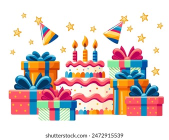 Horizontal greetings card design with birthday cake cone hats and gift boxes vector illustration isolated on white background