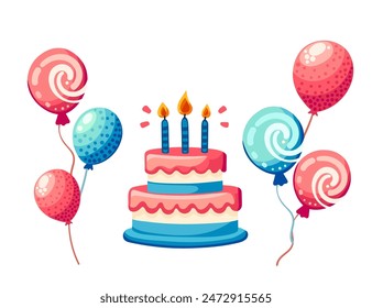 Horizontal greetings card design with birthday cake and balloons vector illustration isolated on white background