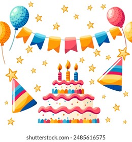 Horizontal greetings card design with birthday cake balloons and gift boxes vector illustration isolated on white background