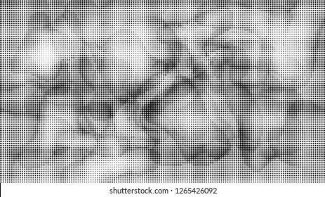 Horizontal grunge black dotted halftone background with silhouettes of vibrant wavy shapes. Pop art modern dynamic half tone blobs texture for wallpaper, banner or presentation design
