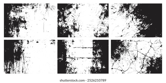 Horizontal textura grunge. Superponer sellos efecto de papel de colección. Conjunto de fondos texturizados de crack de diseño sucio. Antiguas Vector de fondo urbano. Marcos Grunge. Daño viejo Sucio, granulado y arañazos