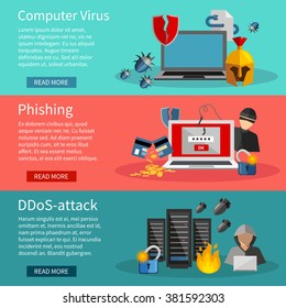 Horizontal  hacker banners set with icons of DDOS attacks on computer systems  phishing and computer viruses vector illustration