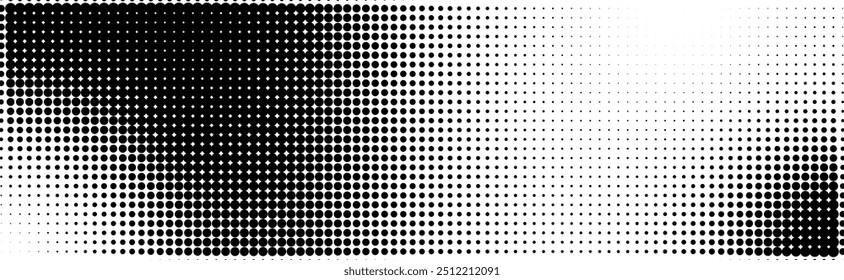 Horizontal fondo semitono con textura descolorida. Fondo de pantalla de grunge con puntos negros, decoloración monocromática para crear un diseño de estilo cómico, collage retro.