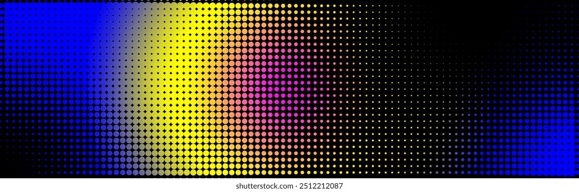 Horizontal halftone background with neon gradient. Grunge wallpaper with dots, neon radial transition to create a comic style design, retro collage.