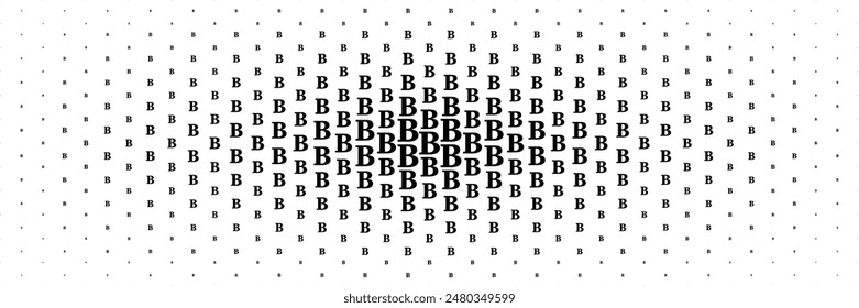 horizontal halftone of black capital letter b spreading from center for pattern and background.