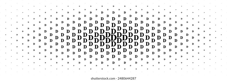 horizontal halftone of black capital letter d spreading from center for pattern and background.