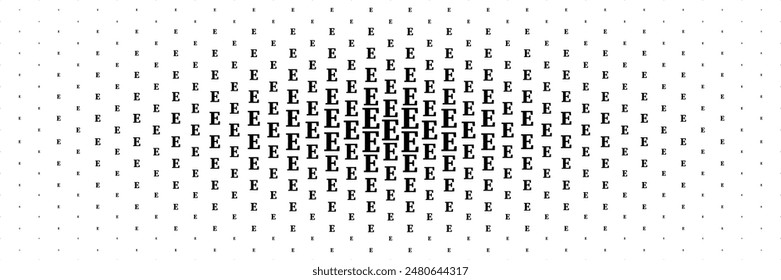 horizontal halftone of black capital letter e spreading from center for pattern and background.