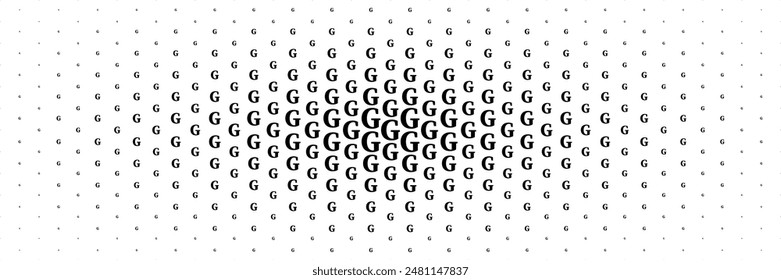 horizontal halftone of black capital letter g spreading from center for pattern and background.