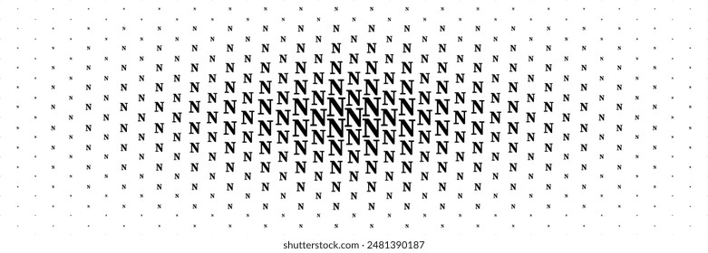 horizontal halftone of black capital letter n spreading from center for pattern and background.