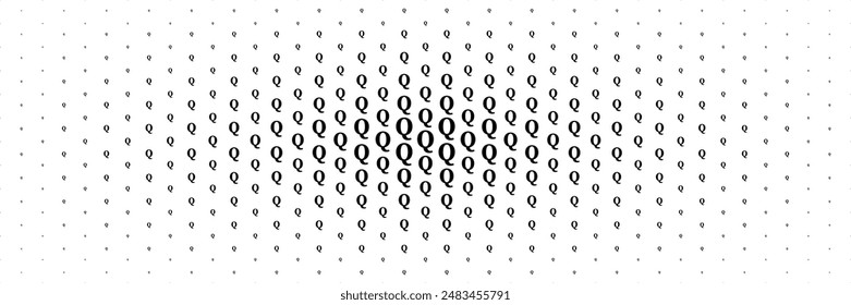 horizontal halftone of black capital letter q spreading from center for pattern and background.