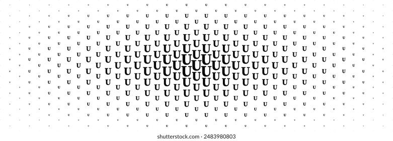 horizontal halftone of black capital letter u spreading from center for pattern and background.