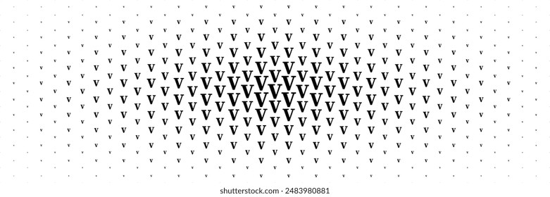 horizontal halftone of black capital letter v spreading from center for pattern and background.