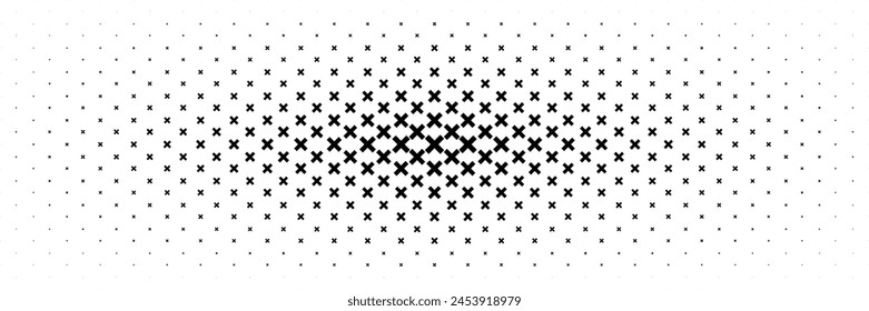 horizontal halftone of black cross and multiply from center design for pattern and background.