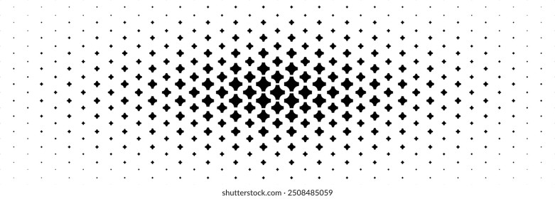 horizontal halftone of black curved plus and cross spread from center design for pattern and background.