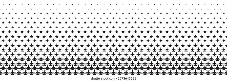 horizontal halftone of black fighter plane for pattern and background.