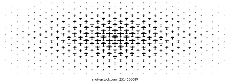 horizontal halftone of black propeller classic airplane spread from center design for pattern and background.