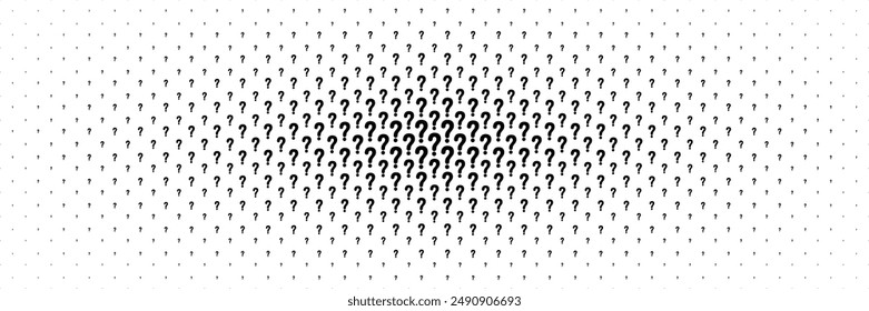 horizontal halftone of black question mark spreading from center for pattern and background.