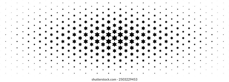 horizontal halftone of black six angles star spread from center for pattern and background.