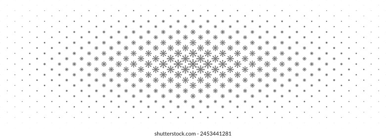 horizontal halftone of black snowflake spread from center design for pattern and background.
