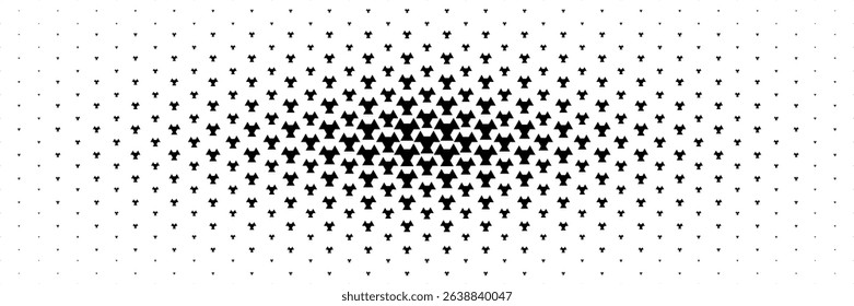 horizontal halftone of black triangle and hexagon design spread from center on white for pattern and background.
