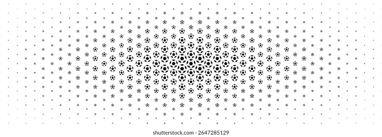 horizontal halftone of black and white football or soccer ball pattern spread from center for background.
