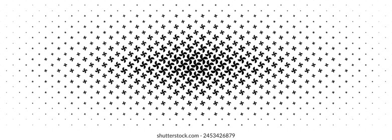 horizontal halftone of black windmill spread from center  for pattern and background.