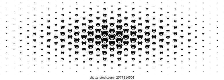 horizontal halftone of cute black bear face spread from center for pattern and background.