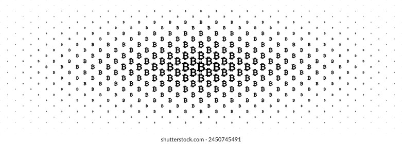 horizontal halftone spread from center of black bitcoin sign design for pattern and background.