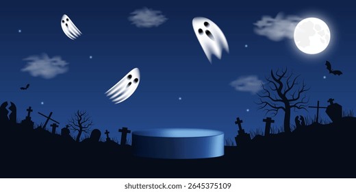 Horizontal Halloween background with flying ghosts, moon, spooky forest and copy space. Cartoon design for template or header design. Vector illustration