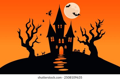 Horizontal Halloween background. Haunted house, bats, graves, witch, moon. Banners, covers, printing. Vector illustration