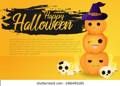 Horizontal Halloween background with illustration of pumpkins with cute face in witch hat and skull and candles in cartoons style and text happy halloween banner with grunge paint banner