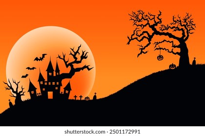 Horizontal Halloween background. Scary spooky festive backdrop. Gradient sky and moon. Castle and scary trees. Graves and pumpkins, bats. Vector.