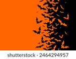 Horizontal Halloween banner with black bats on the orange background. Illustration with a place for text.
