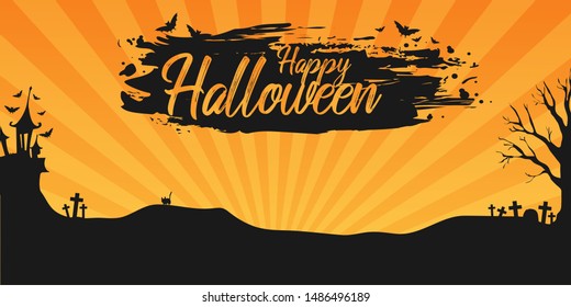 Horizontal Halloween Banner. Vector landscape with dark silhouette of house; tree; graveyard. cat and bats on orange background and text happy halloween with grunge paint.