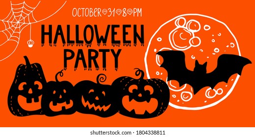 Plantilla web de banner horizontal de halloween. Dibujando mano sonriente calabaza temible silueta negra de pata luna llena araña de murciélago con letras de fiesta de halloween con goteo de sangre. Ilustración vectorial de material.
