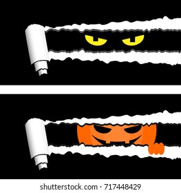 Horizontal halloween banners with torn rolled paper stripes and spooky eyes looking out. Holiday greetings elements