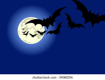 Horizontal Halloween flyer with flying bats and full moon