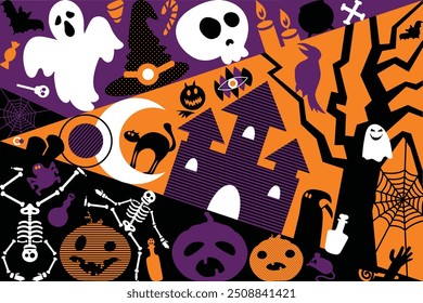 Horizontal Halloween greeting A4 Holiday poster in dark blue and pumpkin orange colors with festive creepy elements. Template for printing, announcement, guests inviting . Vector