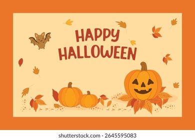 Horizontal Halloween greeting card with "Happy Halloween" text, smiling jack-o’-lantern pumpkin among falling autumn leaves and a cheerful flying bat on orange background. Fun festive vector design.