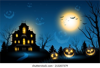 Horizontal Halloween haunted house copyspace background