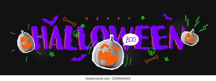 Horizontal Halloween holiday banner. Halftone pumpkins with doodles. Trendy vector illustration in collage style. Halloween banner with halftone collage elements and doodles.